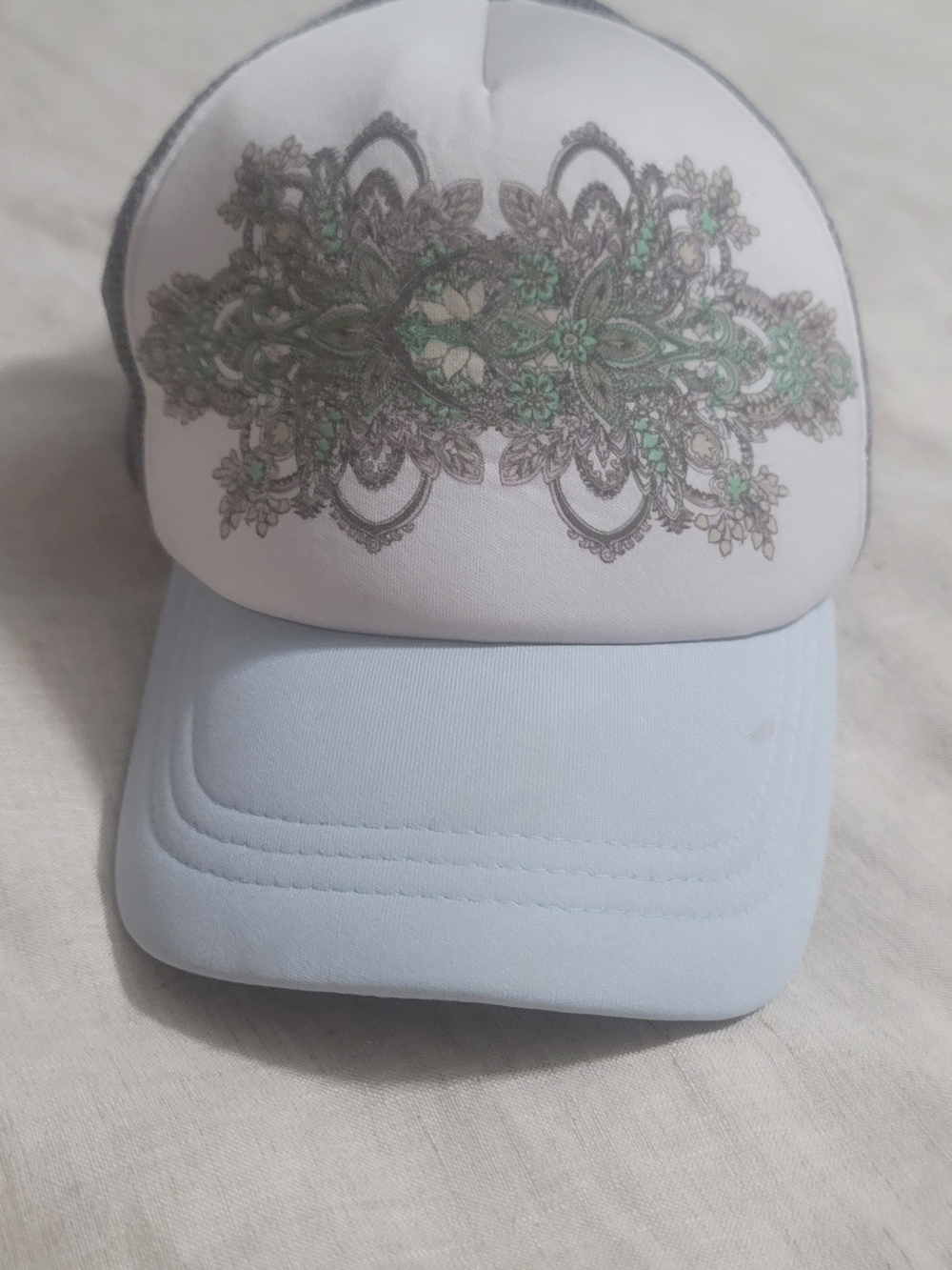 O'Neill Women's Pale Blue Trucker Hat with Green Lace Motif